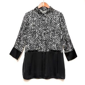 Carlisle Silk Tunic Top Womens SZ 10 M Button Front Mixed Print Quiet Luxury